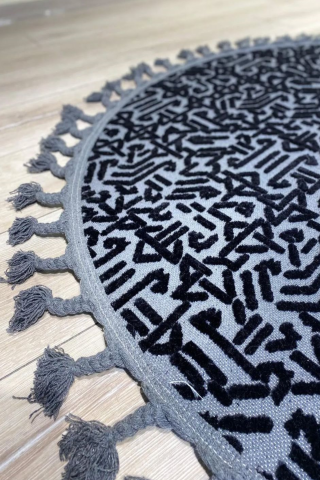 Siyah  Yuvarlak Rönesans Örgü Saçaklı Kilim