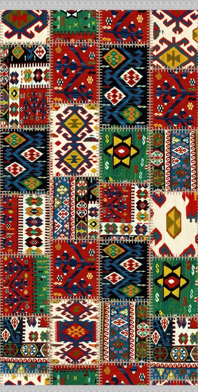 Yama Desenli  Saçaklı Vintage Patchwork Dekoratif Kilim