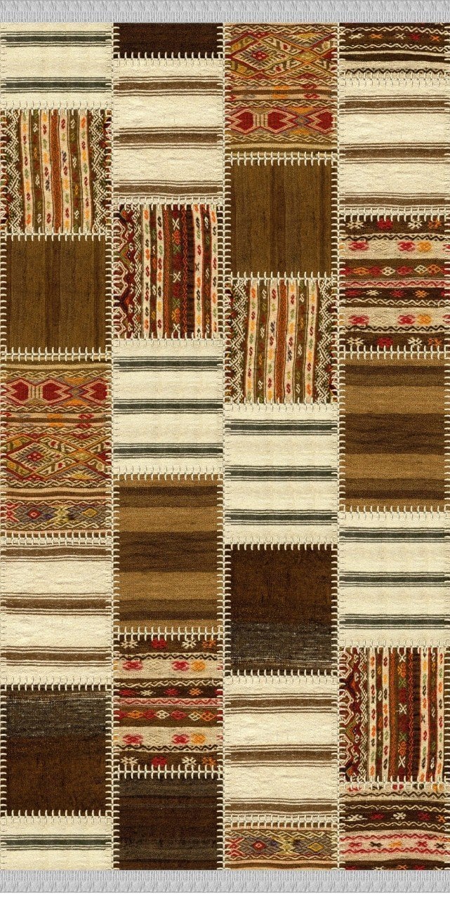 Kahverengi Patchwork Desenli Dokuma Tabanlı Kilim