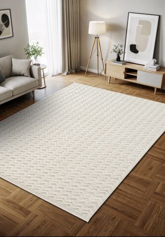 Beyaz Modern Desen Kabartmalı Bukle Halı