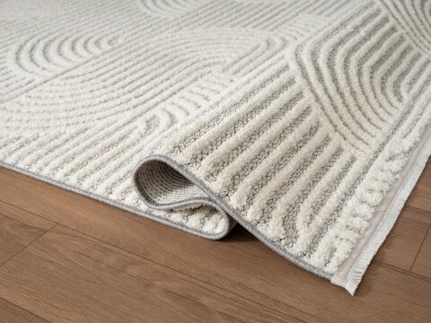 Gri Beyaz Modern Desen Kabartmalı Bukle Halı