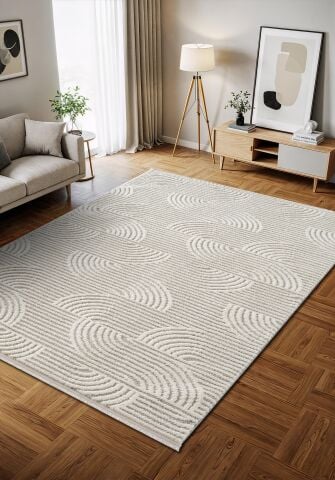 Gri Beyaz Modern Desen Kabartmalı Bukle Halı