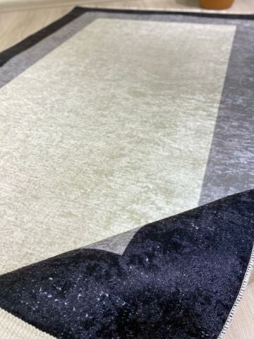 Açık Gri Göbekli Gri Siyah Çerçeve Desenli Baskı Kilim