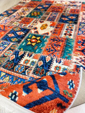 Renkli Patchwork Desenli Baskı Kilim