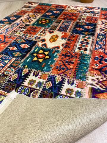 Renkli Patchwork Desenli Baskı Kilim