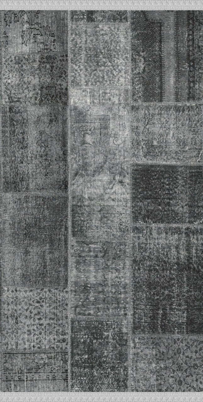 Antrasit Renkli Patchwork Desenli Dokuma Tabanlı Kilim